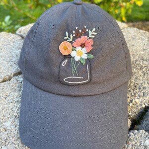 Hand Embroidered Hat: Dark Gray Baseball Cap with Jar of Flowers