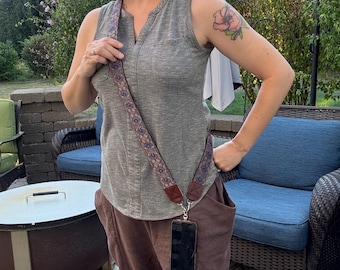 Crossbody Phone Strap, Woven Brown Webbing with Navy Blue Ribbon, Reversible, Fun Tech Accessory