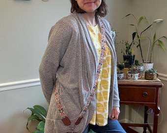 Crossbody Phone Strap, Woven Tan, Blue and Brown Webbing, Reversible, Fun Tech Accessory