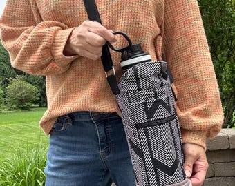 Canvas Water Bottle Holder: Black and White, Crossbody Sling Bag