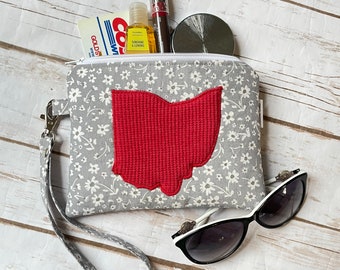 Ohio State Wristlet, Ohio Graduation Gift, Mother's Day Present, Gifts under 25, Tailgating Purse, Gray and Red Wristlet, Removable Strap