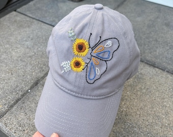 Gray Hat with Hand Embroidered Butterfly, Floral Baseball Hat