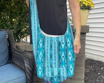 Teal Aztec like Crossbody Purse, Large Slouchy Beach Bag, Two Pocket Market Bag
