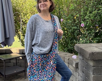 Reversible Navy Blue with Birds Crossbody Bag: Boho Hippie Slouchy Purse