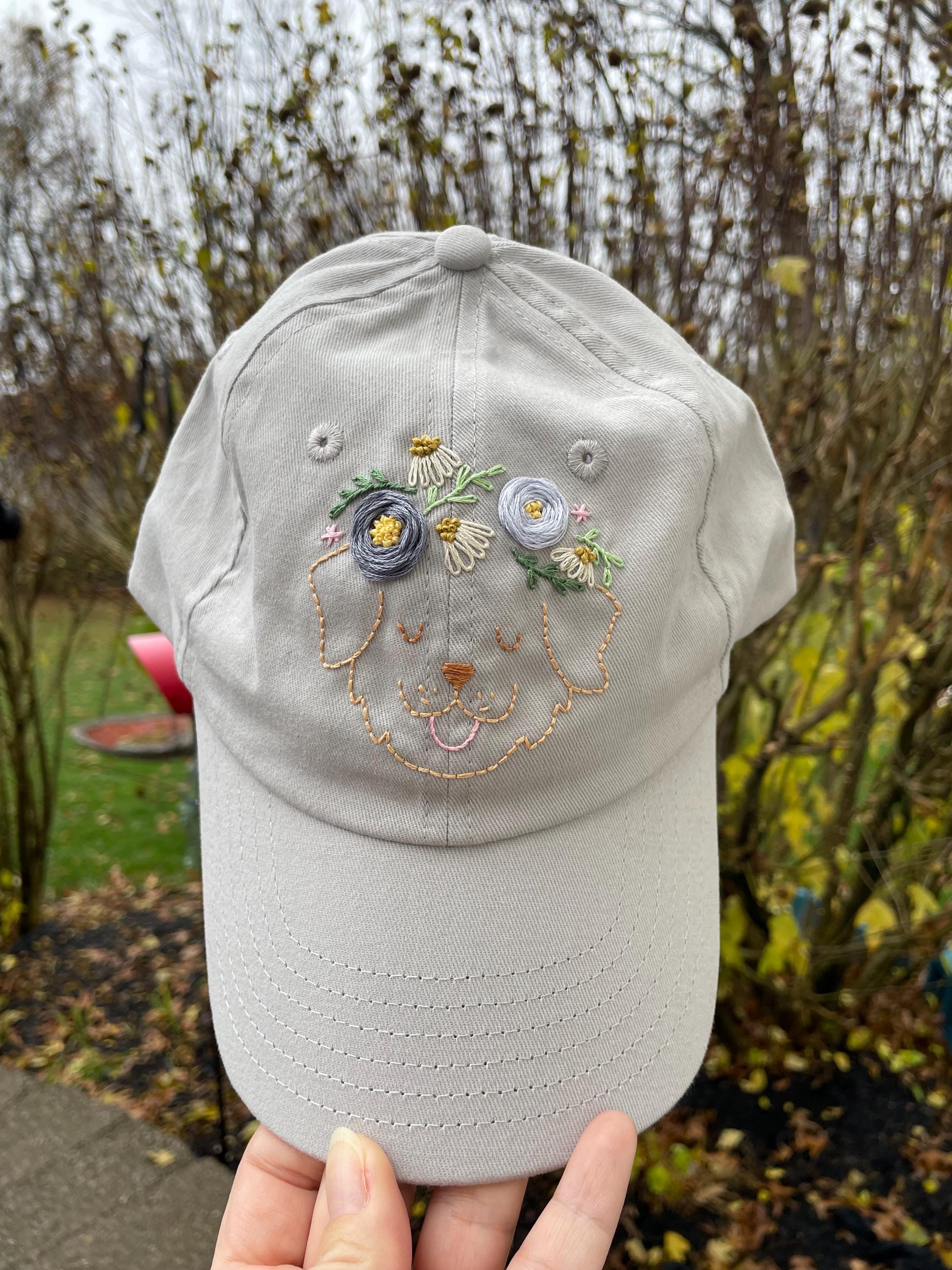 Floral Embroidered Gray Hat Garden Flowers, Hand Designed and Embroidered Medium Gray  main image 2