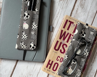 Gray Pen Pouch and Glass Case with Cats: Zippered Canvas Journal Accessory