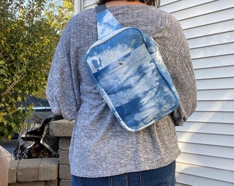 One Shoulder Crossbody Sling Bag, Indigo Dyed Hands Free Purse, Small Backpack