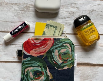 Floral Navy Blue Zipper Pouch: Artsy Cotton Small Bag