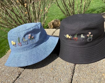 Hand Embroidered Bucket Hat, Plant Lover Hat