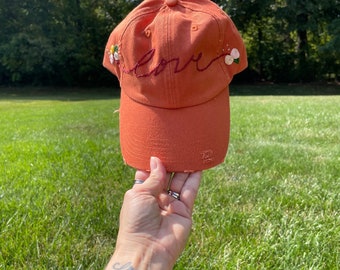 Hand Embroidered 'Love' Baseball Hat: Distressed Burnt Orange Floral Cap