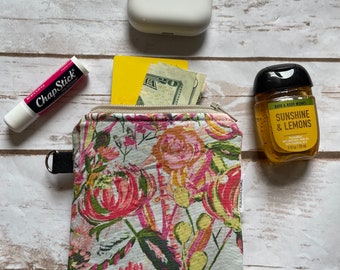 Pink Floral Zipper Pouch: Small Cotton Wildflower Carryall