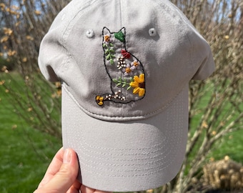 Gray Hat with Hand Embroidered Floral Cat, Floral Baseball Hat