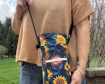 Sunflower Canvas Water Bottle Holder: Blue Crossbody Sling Bag