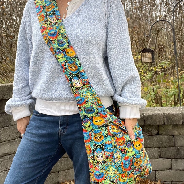 Colorful Cats Crossbody Hobo Bag, Women Shoulder Bag, Hippie Bag, Boho Bag, Market Bag, Festival Bag, Slouchy Crossbody Sling, Beach Bag