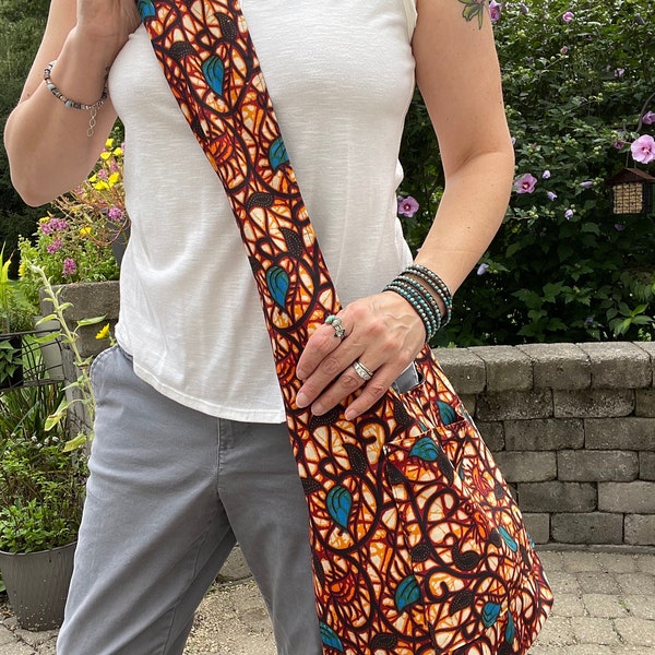 Brown and Teal Floral Reversible Boho Crossbody Bag, Colorful Purse, Large Floppy Purse, Hippie Bag