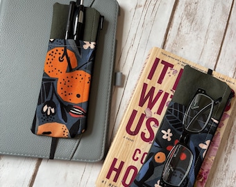 Olive Green Pen Pouch with Oranges : Zippered Cotton Journal Accessory