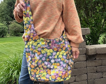Crossbody Bag with Yellow and Purple Flowers: Reversible Boho Purse