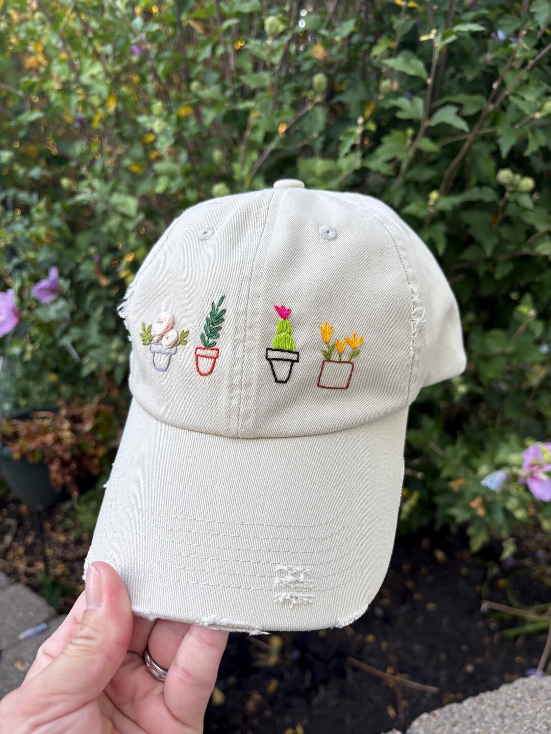 Embroidered Plant Baseball Hat: Distressed Khaki Floral Cap  display picture 2