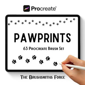 May include: A black and white digital illustration of paw prints on a white background. The text "PAWPRINTS 63 PROCREATE BRUSH SET THE BRUSHSMITHS FORGE" is displayed below the paw prints.