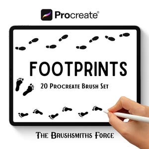 May include: A white digital tablet screen displaying a set of 20 Procreate brush footprints. The text "FOOTPRINTS" and "20 Procreate Brush Set" are displayed on the screen. The text "THE BRUSHSMITHS FORGE" is displayed at the bottom of the screen. A hand is holding a stylus and hovering over the screen.