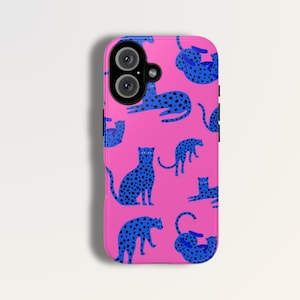 LEOPARD ピンク ブルー ケース | iPhone 16、15、14、13 など対応、チーター プリント、MagSafe ケース、エレガントな電話ケース、美的ケース、YK2 スタイル