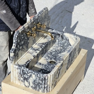 Calacatta Viola Marble Sink With Ribbed on Three Side, Marble Sink, Custom Order Marble Sink, Hand Carved Marble Sink, Wall Mount Sink