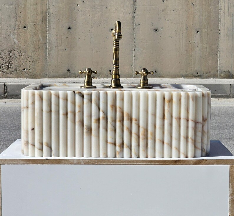 Calacatta Gold Marble Sink: Ribbed Wall Mount Vanity, Hand Carved - Etsy