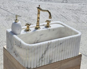 Carrara White Marble Bathroom Sink: Ribbed Wall Mount Vanity