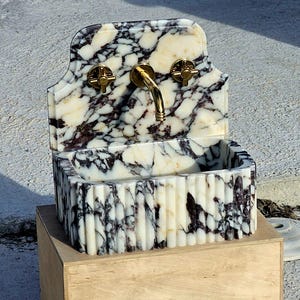 Hand Carved Calacatta Viola Marble Sink: Grooved Wall Mount Vanity