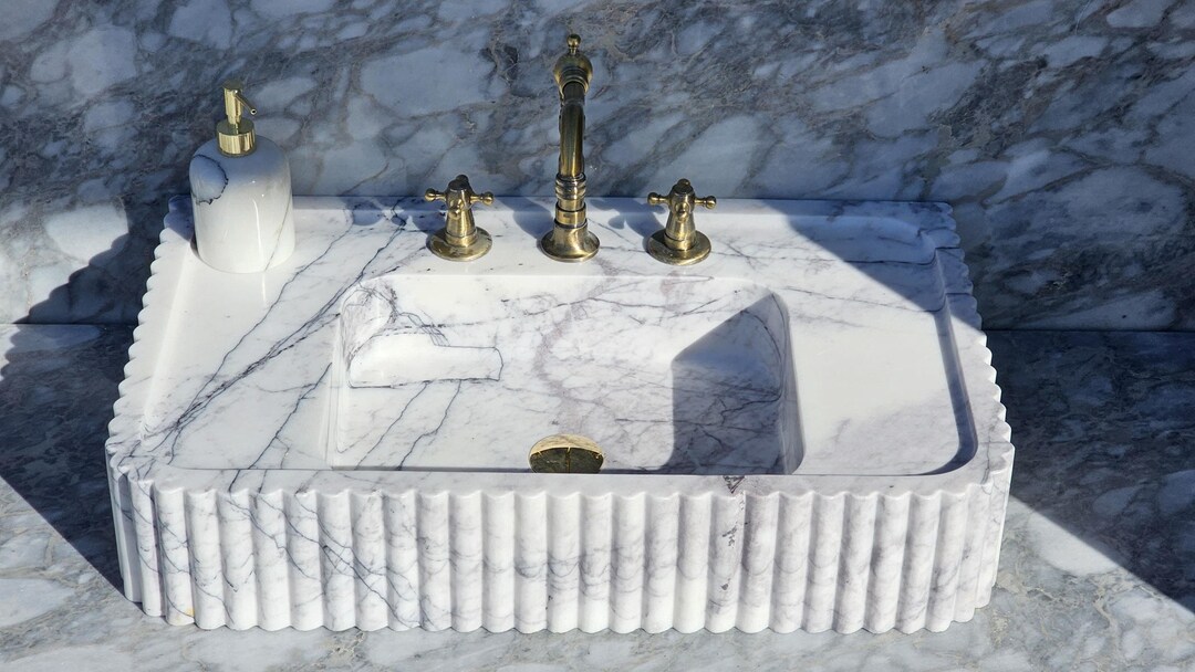 Hand Carved Calacatta Viola Marble Sink: Ribbed Wall Mount Basin - Etsy