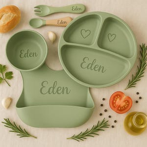 パーソナライズされたシリコン製食器セット、幼児向け漫画離乳食セット、名前入り食品セット、環境に優しい、ベビープレート、ベビーシャワーギフト