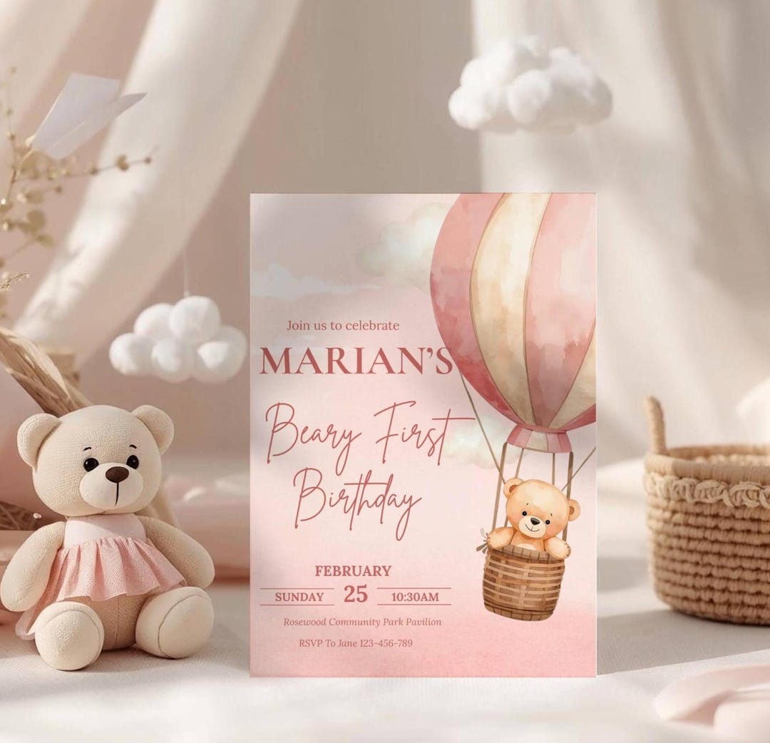 Beary First Birthday Invitation Template, Pink Teddy Bear Hot Air ...