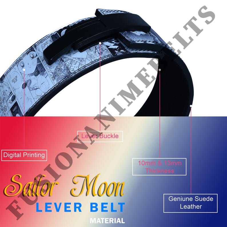 Pu&ograve; includere: Una cintura a leva nera con un design di Sailor Moon con stampa digitale. La cintura ha una fibbia a leva nera ed &egrave; realizzata in vera pelle scamosciata. Lo spessore della cintura &egrave; di 10 mm e 13 mm.