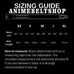 Pu&ograve; includere: Una guida alle taglie nera di ANIMEBELTSHOP con testo bianco. Include taglie di vita da 51 cm a 120 cm e lunghezze di cintura da 80 cm a 130 cm. Sono incluse anche le istruzioni su come misurare per la migliore vestibilit&agrave;.