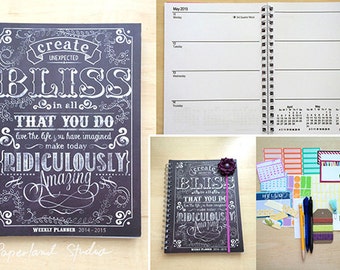 Paperland Planner Deluxe Kit - Chalkboard Style Quote2 / Includes Notebook Style Weekly Planner, set of Labels, Stickers, Pens and more
