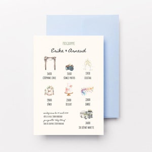 Puede incluir: Un programa de boda con ilustraciones de acuarela para Erika y Arnaud. El programa enumera el cronograma de eventos para el día de la boda, incluida la ceremonia, las fotos, la hora del cóctel, la cena, el postre, el baile y la salida.