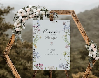 Cartel de bienvenida de boda personalizable, flores silvestres de acuarela, plantilla de canva de boda, cartel de bienvenida de boda campestre