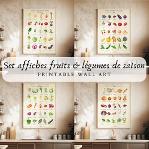 Può includere: Quattro stampe botaniche incorniciate con illustrazioni colorate di frutta e verdura. Ogni stampa mostra una varietà di prodotti con etichette. Il testo "Set affiches fruits & légumes de saison" e "Printable Wall Art" sono visibili.
