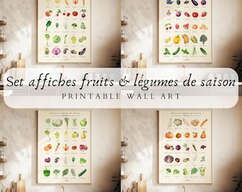 Set of 4 Seasonal Fruit & Vegetable Posters, A5 to A1 Formats, educational posters, digital calendar, to download and print at home