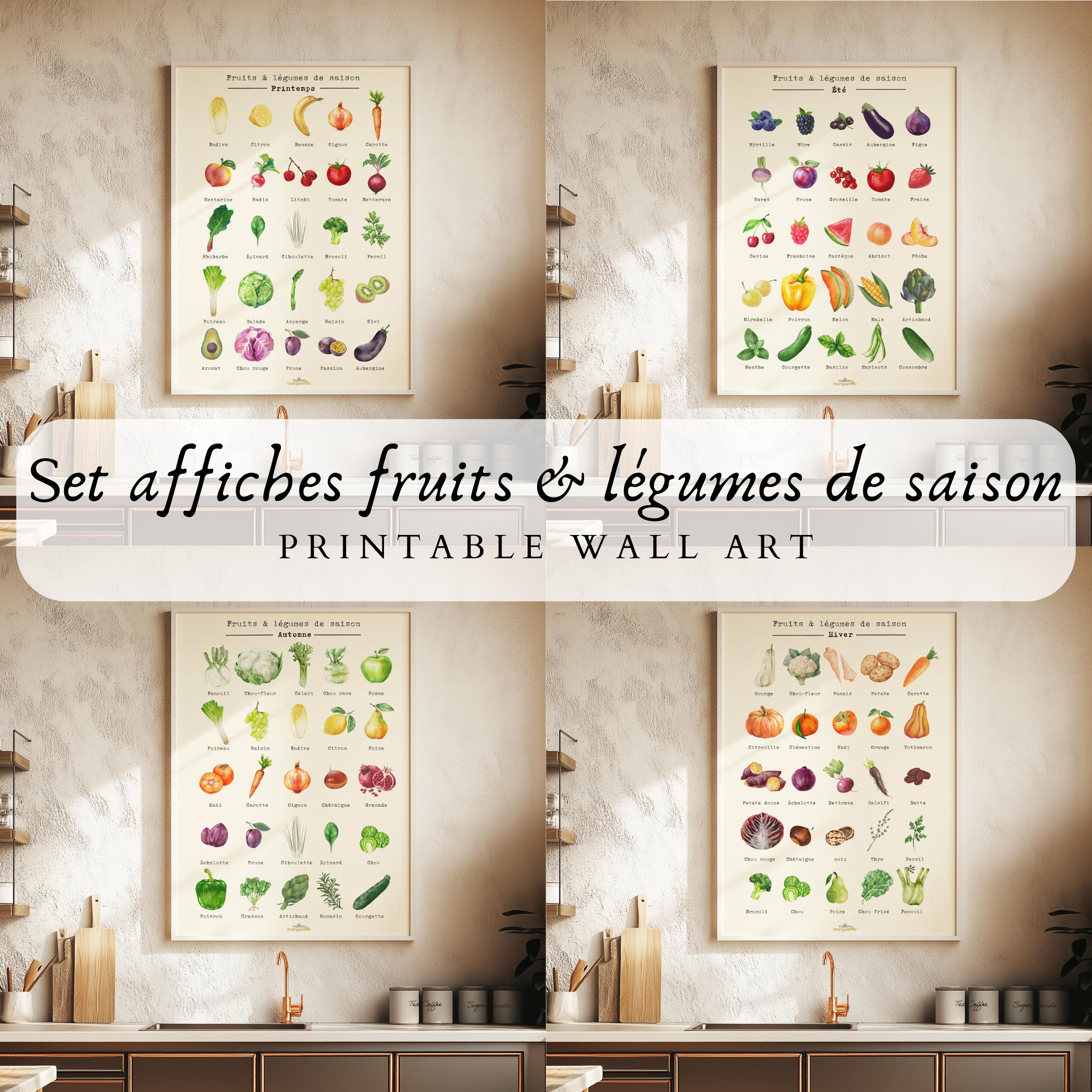 Affiche Décorative Fruits Légumes De Saison – Calendrier Mural Cuisine 60x40 Cm – Cadre En Teck, Style Aquarelle