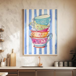 May include: A watercolour painting of a stack of five teacups with floral patterns on a blue and white striped background.