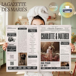 Op de afbeelding: Een huwelijksaankondiging in de stijl van een vintage krant met de kop "Gazette Express" en de namen van het paar "Charlotte & Mathieu". De aankondiging bevat een foto van het paar, een kaart en een QR-code.