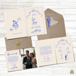 Kit de mariage vintage thème Guinguette bleue carte pliée, modèle d'invitation de mariage modifiable et imprimable, remerciements de mariage