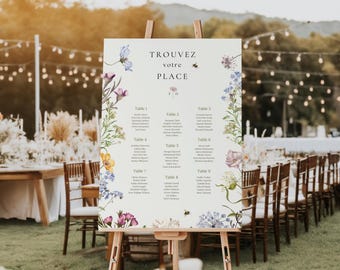 Customizable botanical wedding table plan, rustic wedding table plan, editable floral wedding sign to download