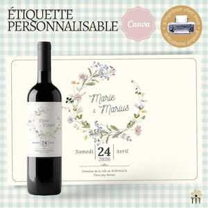 Étiquette de bouteille personnalisable, Mariage champêtre, template canva étiquette mariage, personnalisation mariage, décoration de table