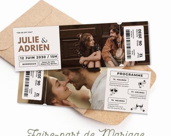 May include: A wedding announcement in the form of a ticket with a couple's names, "Julie & Adrien", the date "12 Juin 2030", and the time "15H". The ticket also includes the location "Bordeaux" and the venue "Hotel de Ville, Place Pey Berlan". The ticket has a vintage design with a brown background and a white border.