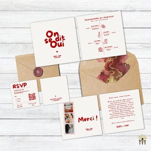 Kit de mariage modifiable thème rouge,  invitations, programmes, RSVP avec QR, cartes de remerciement, Modèle modifiable et téléchargeable