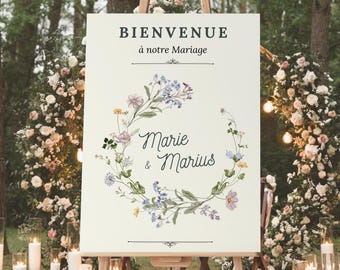 Cartel de bienvenida de boda personalizable, corona de flores de acuarela, plantilla de canva de boda, cartel de bienvenida de boda campestre