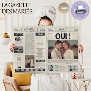 May include: A vintage newspaper style wedding announcement with the headline "La Gazette des Maries" and the words "Oui!" in large letters. The announcement features a photo of a couple in a field, a wedding date, and the names Billie Laventure and William Audiger.