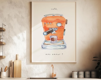 Vintage orange coffee machine poster, printable wall art, trendy birthday gift, kitchen poster, French quote poster